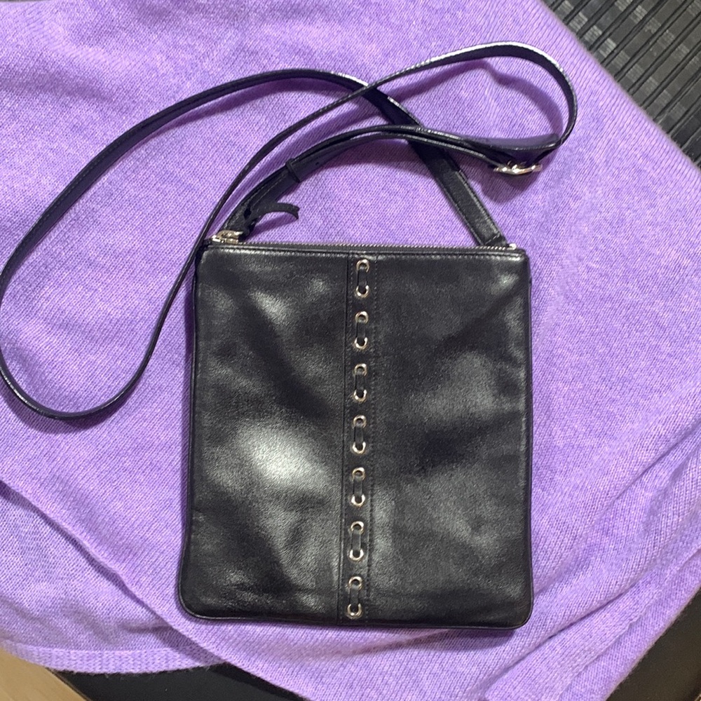 Coach Black Leather Crossbody Bag with Silver-Tone Eyelet Detail